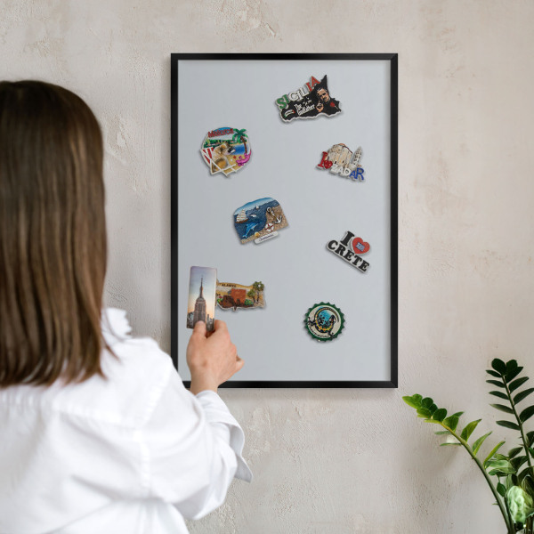 Metal wall board for magnets in a black frame Light gray