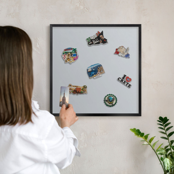 Metal wall board for magnets in a black frame Light gray