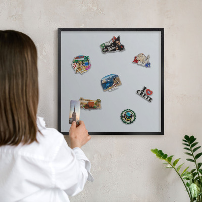 Metal wall board for magnets in a black frame Light gray