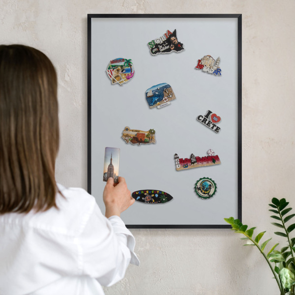 Metal wall board for magnets in a black frame Light gray