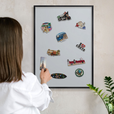 Metal wall board for magnets in a black frame Light gray