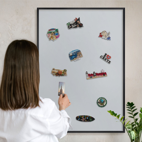 Metal wall board for magnets in a black frame Light gray