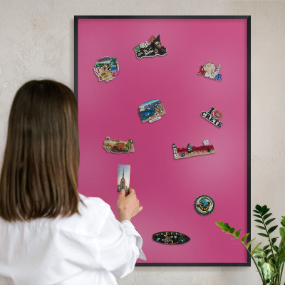 Metal wall board for magnets in a black frame Intense pink
