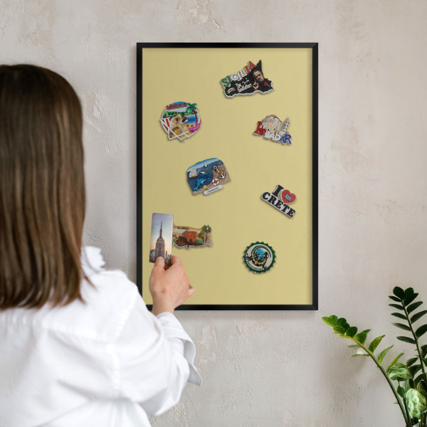 Metal wall board for magnets in a black frame Vintage yellow