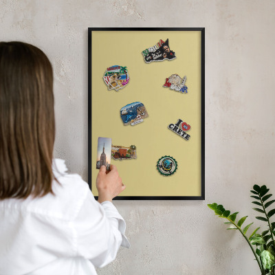 Metal wall board for magnets in a black frame Vintage yellow