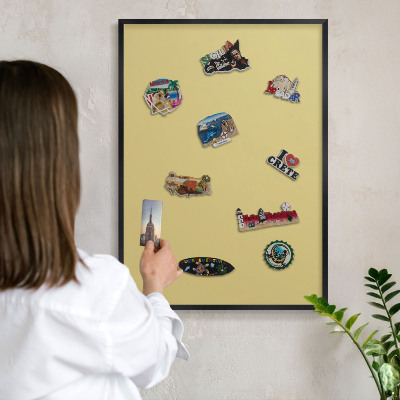 Metal wall board for magnets in a black frame Vintage yellow