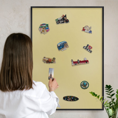 Metal wall board for magnets in a black frame Vintage yellow