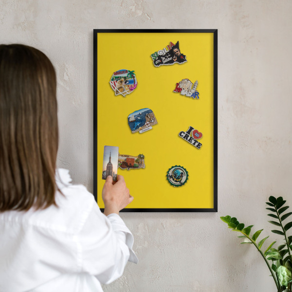 Vacation magnet board with a black frame Intense yellow
