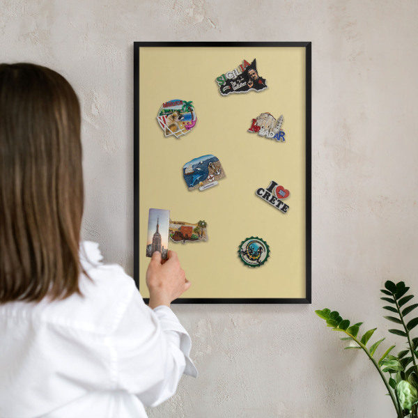 Metal wall board for magnets in a black frame Beige-yellow
