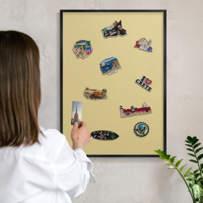 Metal wall board for magnets in a black frame Beige-yellow