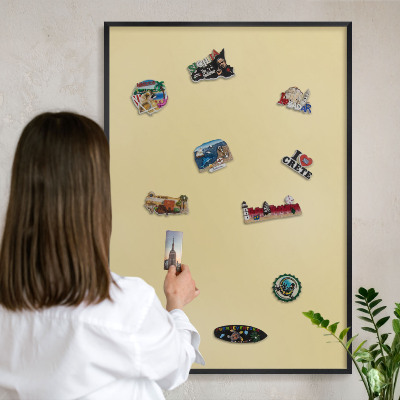 Metal wall board for magnets in a black frame Beige-yellow