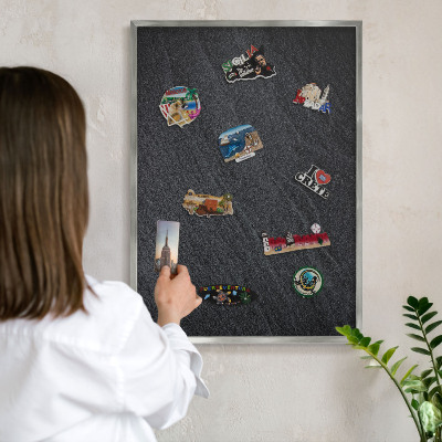 Printed magnet board in a silver frame Gray texture