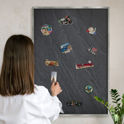 Printed magnet board in a silver frame Gray texture