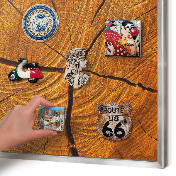 Souvenir magnet display board with a silver frame Wood grain