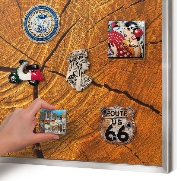 Souvenir magnet display board with a silver frame Wood grain