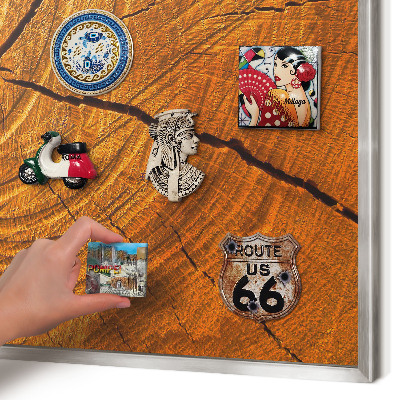 Souvenir magnet display board with a silver frame Wood grain