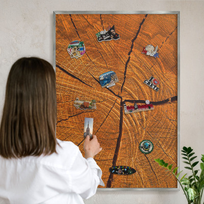 Souvenir magnet display board with a silver frame Wood grain