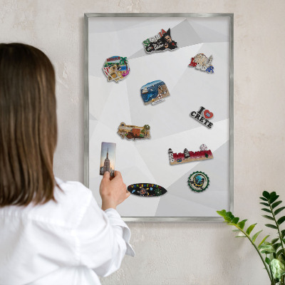 Printed magnet board in a silver frame White geometry