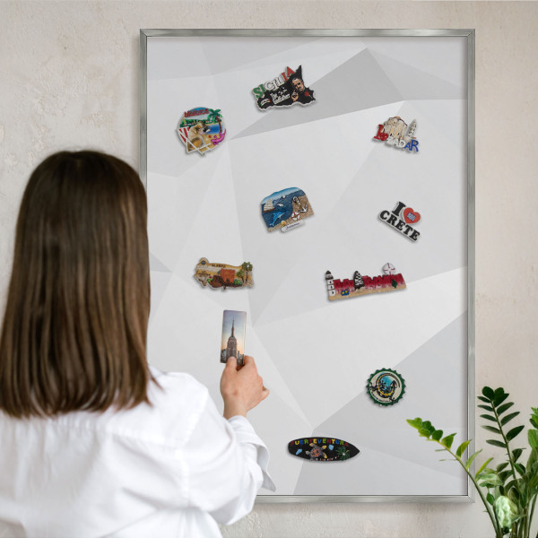 Printed magnet board in a silver frame White geometry