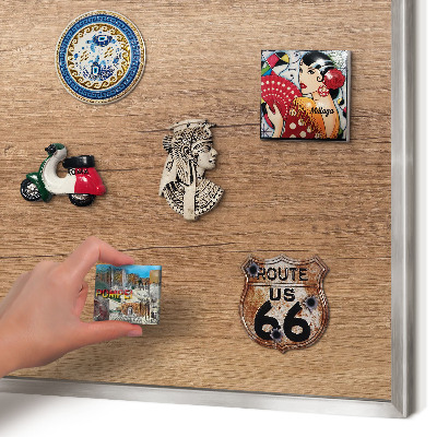 Souvenir magnet display board with a silver frame Wood texture