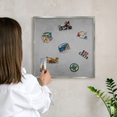 Souvenir magnet display board with a silver frame Silver fog