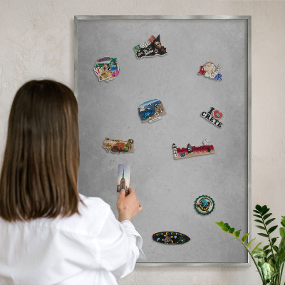 Souvenir magnet display board with a silver frame Silver fog
