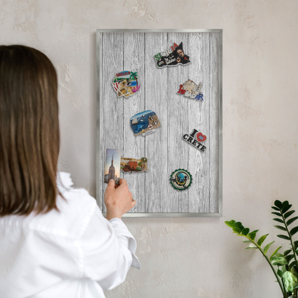 Printed magnet board in a silver frame Wooden texture