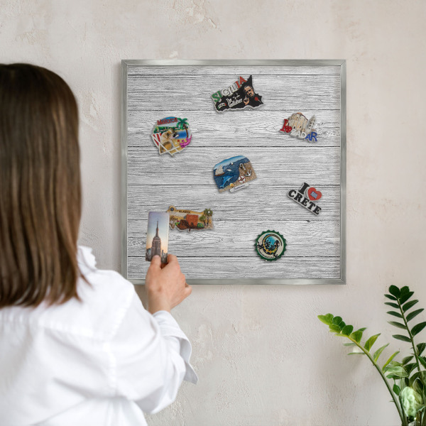 Printed magnet board in a silver frame Wooden texture