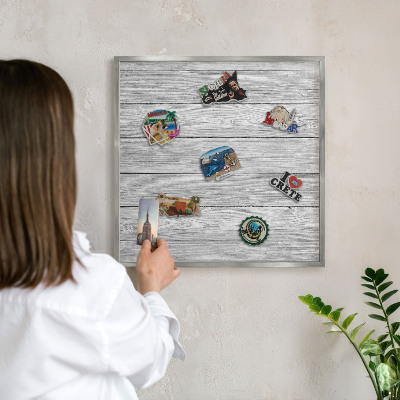 Printed magnet board in a silver frame Wooden texture