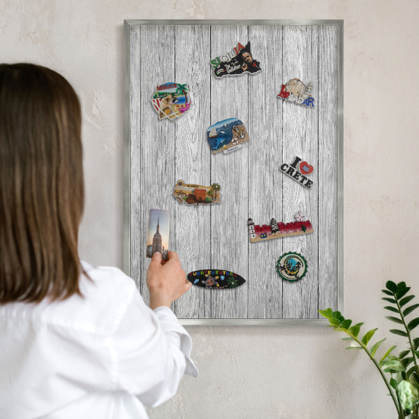 Printed magnet board in a silver frame Wooden texture