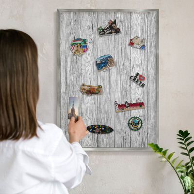 Printed magnet board in a silver frame Wooden texture