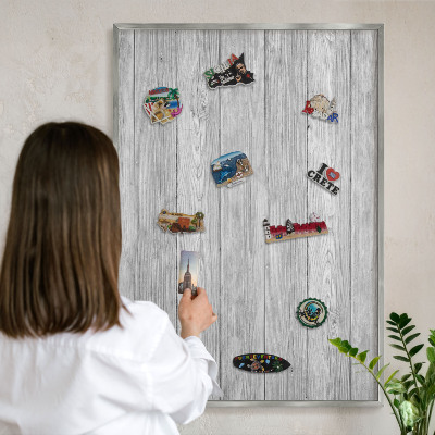Printed magnet board in a silver frame Wooden texture
