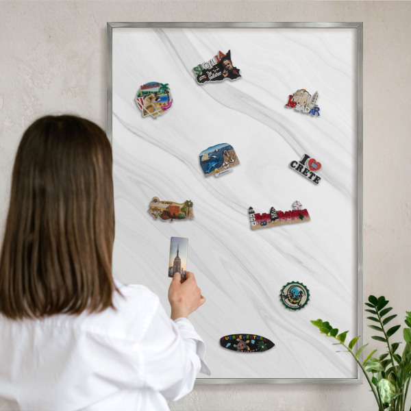 Souvenir magnet display board with a silver frame Subtle marble
