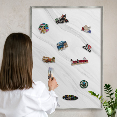 Souvenir magnet display board with a silver frame Subtle marble
