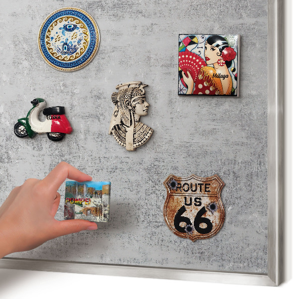 Souvenir magnet display board with a silver frame Gray surface