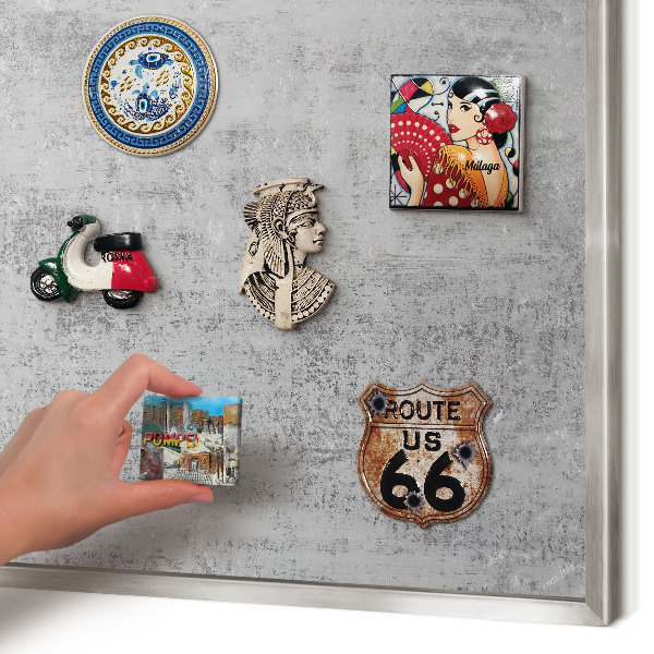 Souvenir magnet display board with a silver frame Gray surface