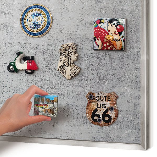Souvenir magnet display board with a silver frame Gray surface