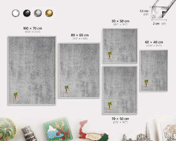 Souvenir magnet display board with a silver frame Gray surface