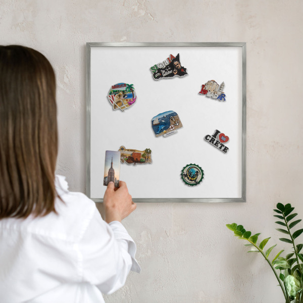 Souvenir magnet display board with a silver frame Pure white