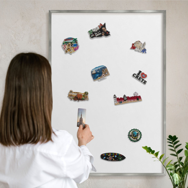 Souvenir magnet display board with a silver frame Pure white