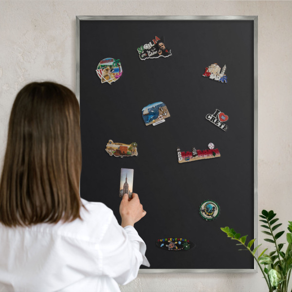 Printed magnet board in a silver frame Black