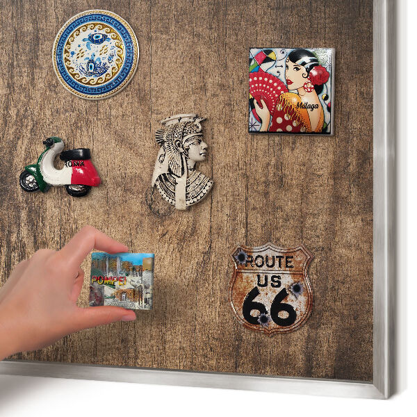 Printed magnet board in a silver frame Wooden texture