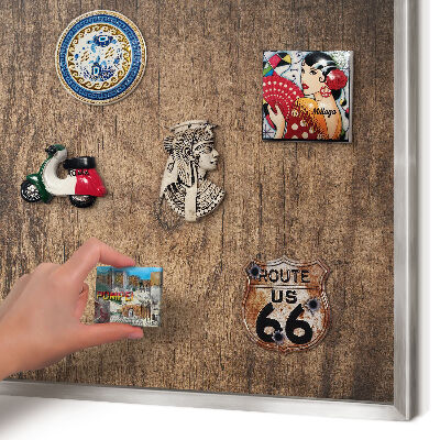 Printed magnet board in a silver frame Wooden texture