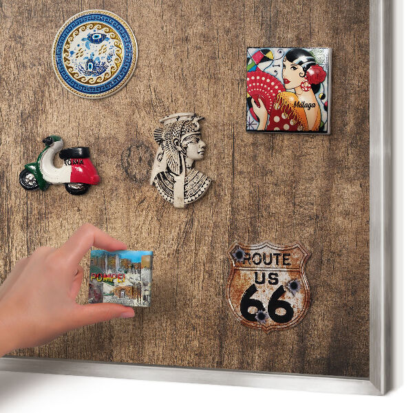 Printed magnet board in a silver frame Wooden texture