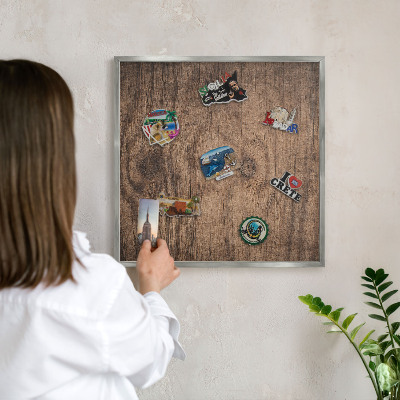 Printed magnet board in a silver frame Wooden texture