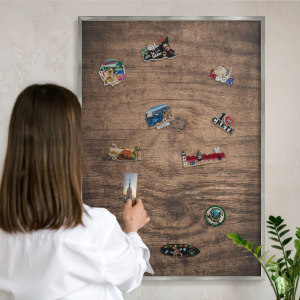 Printed magnet board in a silver frame Wooden texture