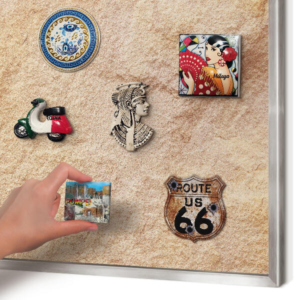 Souvenir magnet display board with a silver frame Stone texture