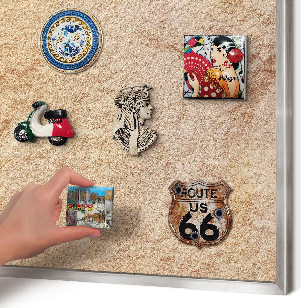 Souvenir magnet display board with a silver frame Stone texture