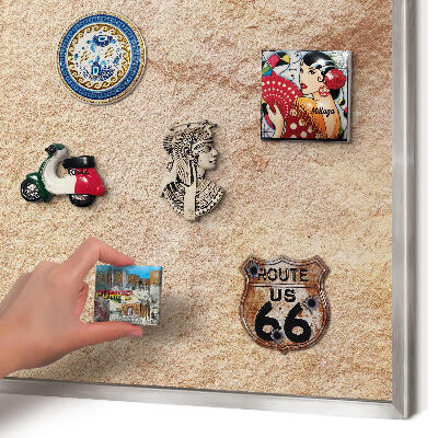 Souvenir magnet display board with a silver frame Stone texture