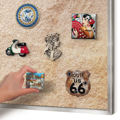 Souvenir magnet display board with a silver frame Stone texture